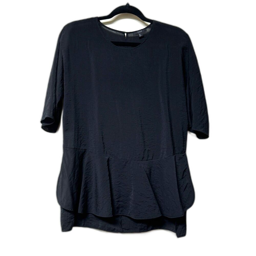 COS Black Peplum Hem Blouse, 3/4 Length Sleeves, Tunic Style, Sz S
